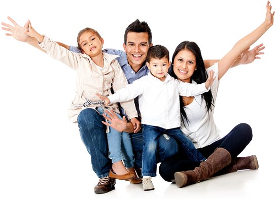 Imagem de uma familia com pai, mãe e duas crianças pequenas